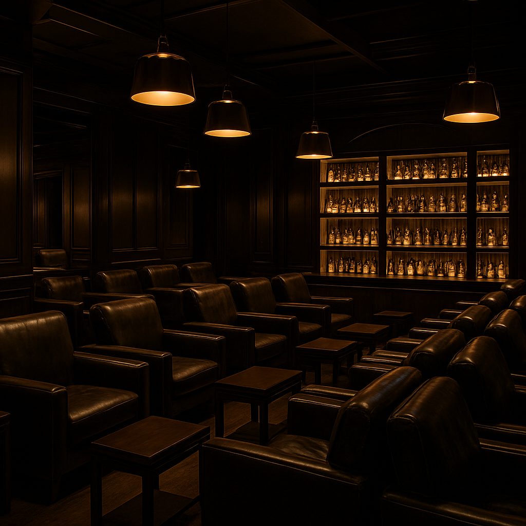 Warm, sophisticated interior of the Caballeros cigar lounge with leather seating and ambient lighting